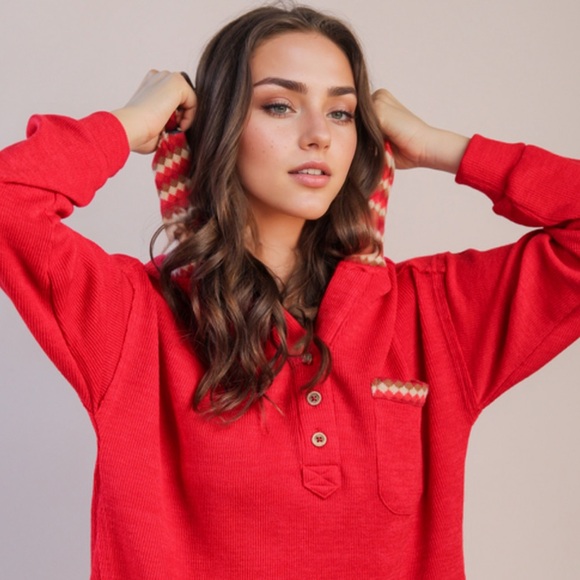 Red Button-Up Sweater with Patterned Collar Hoodie  Plus Size NWT - Picture 5 of 5